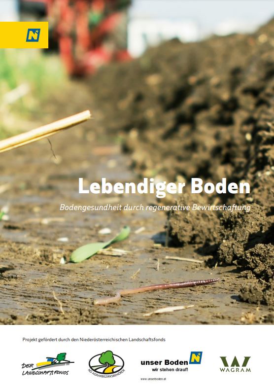 Cover der Broschüre "Lebendiger Boden", auf welchem ein Stück Boden mit einem Regenwurm zu sehen ist.