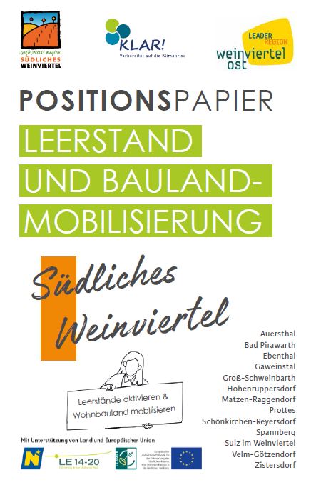 Cover des Positionspapiers "Leerstand und Baulandmobilisierung" in großer Schrift und den Farben Grün und Orange.